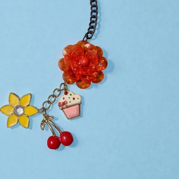 Vintage Betsey Johnson Colorful Floral, Cupcakes & Cherries Charm Necklace - Picture 3 of 4